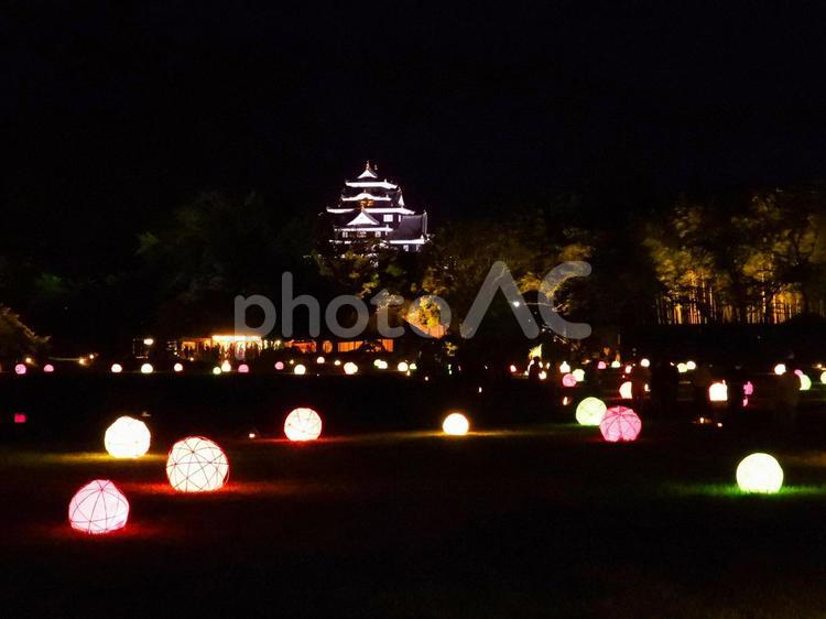 ライトアップした岡山後楽園〜岡山城を臨む 後楽園,庭園,夏の幻想庭園の写真素材
