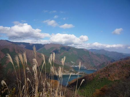 山の中の湖 湖,紅葉,すすきの写真素材