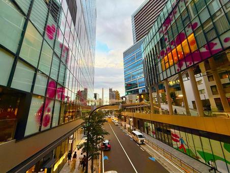 夕方の渋谷のストリートとビル群の眺め 空,スカイライン,ビジネスの写真素材