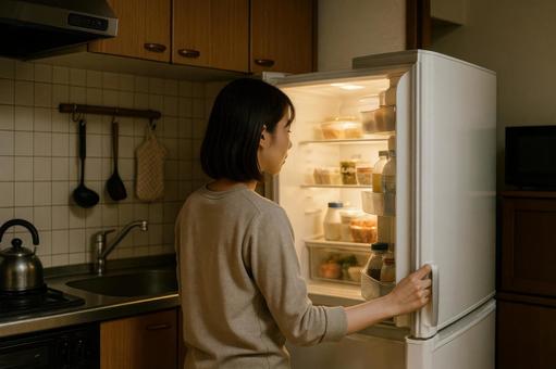 冷蔵庫を開ける瞬間 冷蔵庫を開ける瞬間の写真