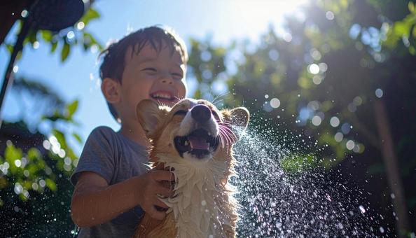 犬と子ども 夏 水あび 笑顔 コーギー 犬と子ども 夏 水あび 笑顔 コーギーの写真