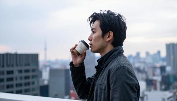 屋上でコーヒーと電子タバコを嗜む男性 屋上でコーヒーと電子タバコを嗜む男性の写真