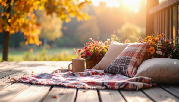 秋の午後、ウッドデッキでの写真