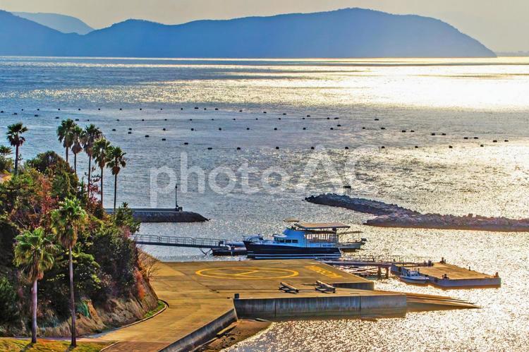 瀬戸内海の穏やかな海辺に差し込む朝の光 瀬戸内海,島,香川県の写真素材
