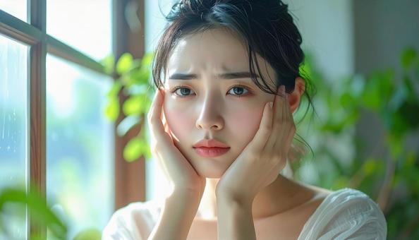 肌の悩みを抱える若い女性の写真