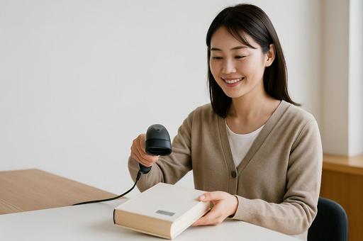図書館員とバーコード読み取りの写真