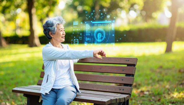 高齢者ベンチでホログラム見てストレッチ 高齢者ベンチでホログラム見てストレッチの写真