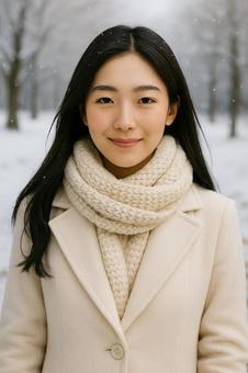 雪の公園で微笑む女性ポートレート 雪の公園で微笑む女性ポートレートの写真