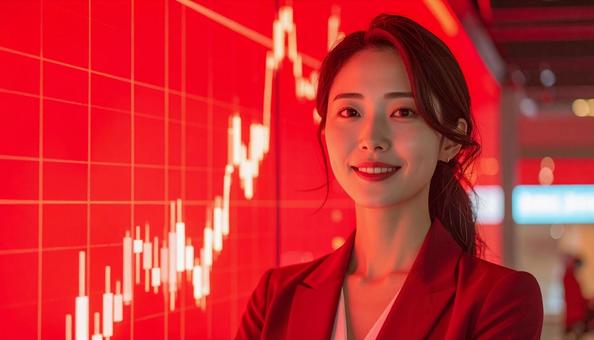 ディルプレイのチャートの前に立つ女性社員 ディルプレイのチャートの前に立つ女性社員の写真