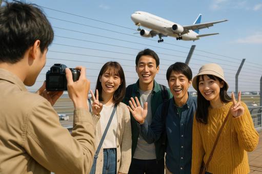 展望デッキで記念写真を撮る日本人観光客 展望デッキで記念写真を撮る日本人観光客の写真