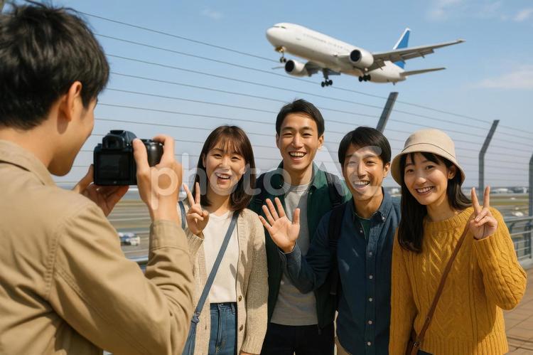 展望デッキで記念写真を撮る日本人観光客 空港,展望デッキ,記念写真の写真素材