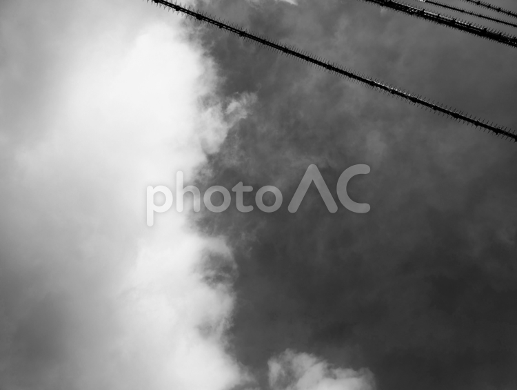 空と雲と電線の白黒写真 雲,もや,空の写真素材