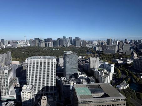 皇居とスカイツリーと街並みの写真