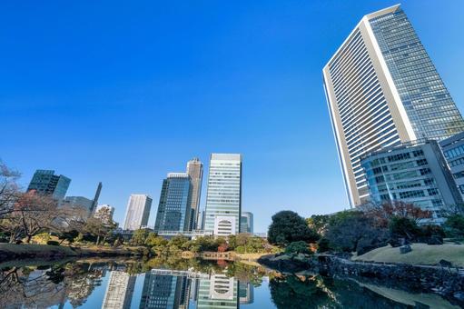 快晴の青空と都市庭園 浜松町,旧芝離宮恩賜庭園,東京の写真素材
