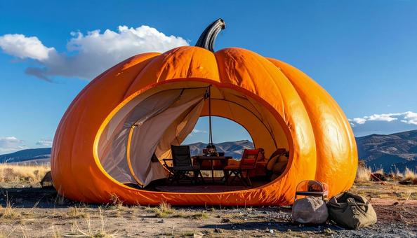 ハロウィンのかぼちゃの形をしたテント ハロウィンのかぼちゃの形をしたテントの写真