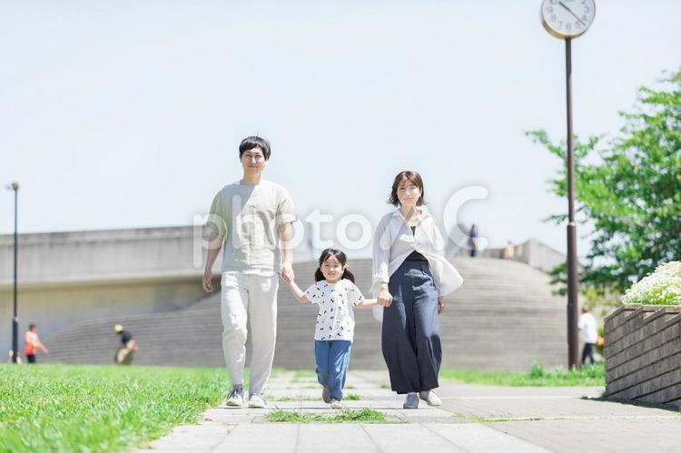 手を繋いで屋外を散歩する親子 家族,ファミリー,人物の写真素材