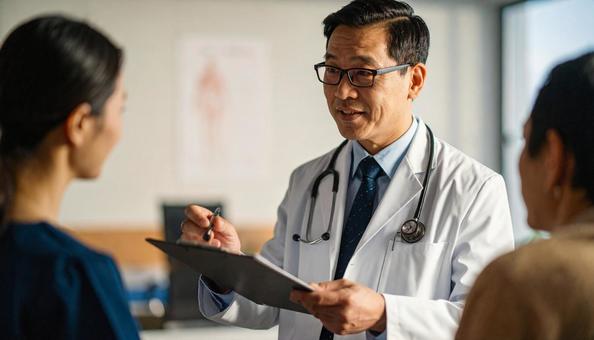 入院患者と家族に説明をする男性医師 入院患者と家族に説明をする男性医師の写真