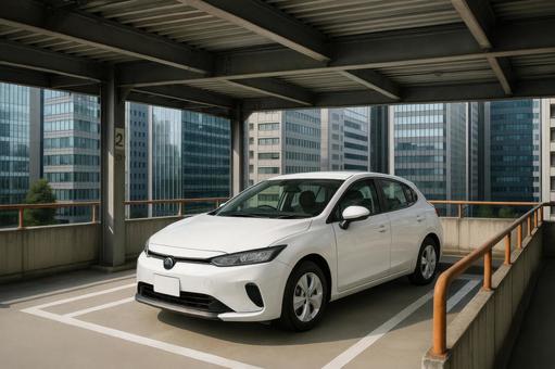 立体駐車場に停車中EVの写真