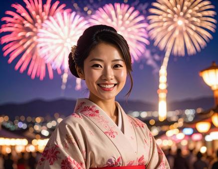 花火をバックに笑顔の日本人女性 花火をバックに笑顔の日本人女性の写真