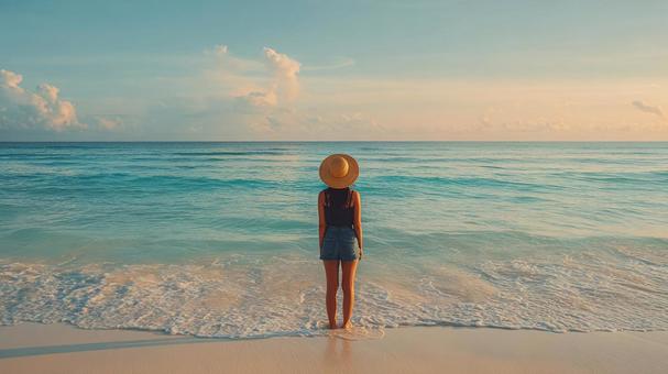 美しい夕焼けのビーチに立つ女性 美しい夕焼けのビーチに立つ女性の写真