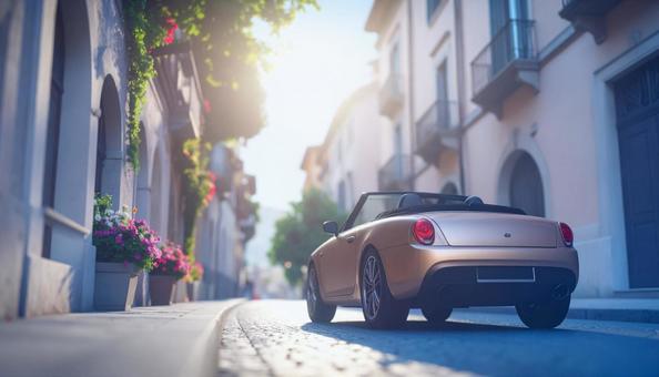 古い町並みの街角に止められたオープンカー 古い町並みの街角に止められたオープンカーの写真
