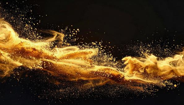 闇に輝くゴールドパウダーとスモークの動き 闇に輝くゴールドパウダーとスモークの動きの写真
