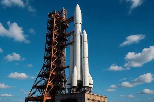 ロケット発射台と青空の風景・宇宙技術の写真