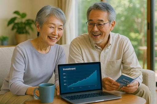 老夫婦と資産運用グラフ 老夫婦と資産運用グラフの写真