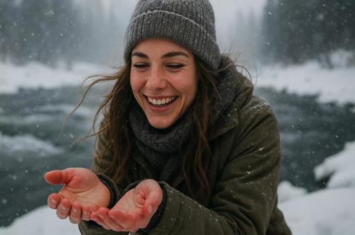雪景色の中の笑顔の女性 雪景色の中の笑顔の女性の写真