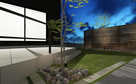 タイルテラスのある癒しの庭-夜 庭,外構,エクステリアの写真素材