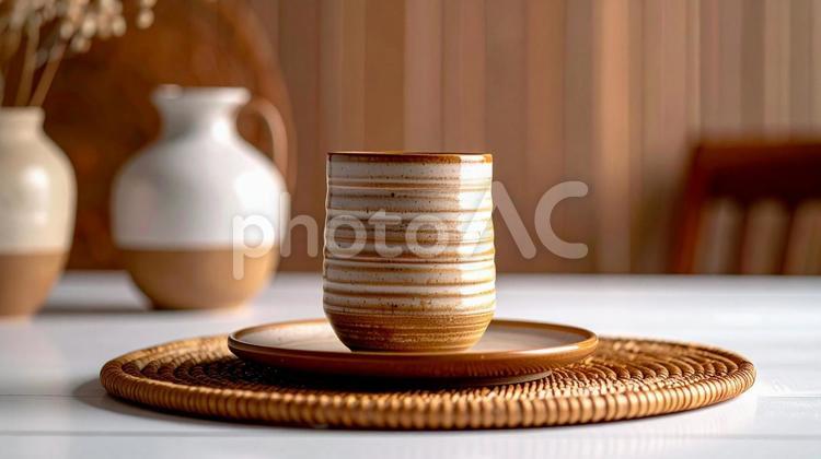 しましまの縦長の湯呑み01 湯呑み,茶色,陶器の写真素材