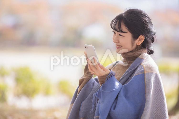 秋の公園でスマホを使う女性 スマホ,スマートフォン,女性の写真素材
