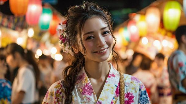夏祭りの夜に屋台を歩く浴衣姿の女性 夏祭りの夜に屋台を歩く浴衣姿の女性の写真