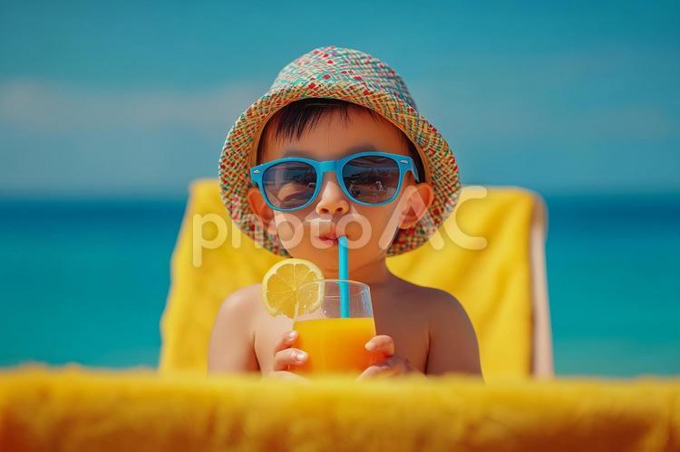 夏の海辺でジュースを飲む子供 海辺,子ども,ジュースの写真素材