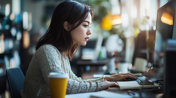 パソコンの前に座って仕事をする女性②の写真