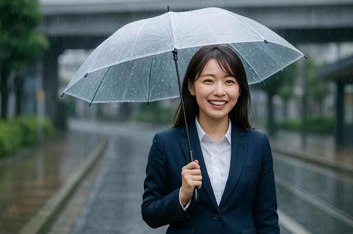 雨の日の駅前通勤女性 雨の日の駅前通勤女性の写真