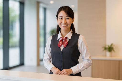 来客を迎える女性受付係の写真