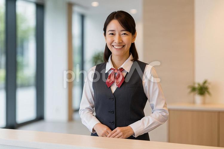 来客を迎える女性受付係 受付,女性,笑顔の写真素材
