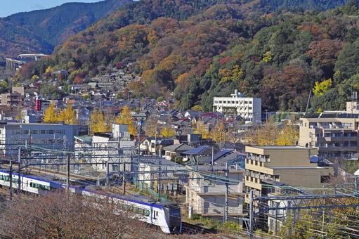あずさと山岳都市の街並み、紅葉の季節 あずさと山岳都市の街並み、紅葉の季節 あずさ,特急,銀杏並木の写真素材