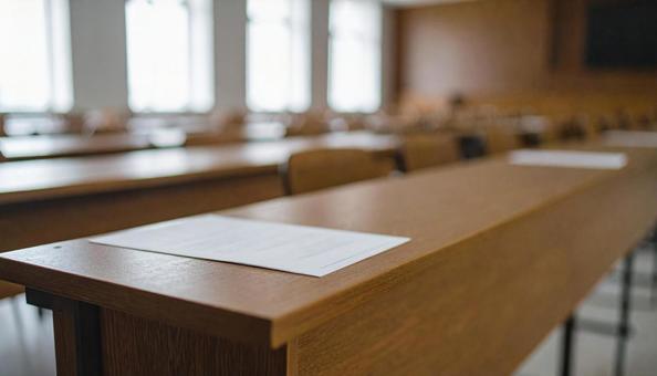 講習会の準備で書類が机に置かれた会場 講習会の準備で書類が机に置かれた会場の写真