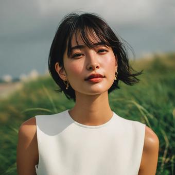 夕暮れの光に包まれる女性 夕暮れの光に包まれる女性の写真