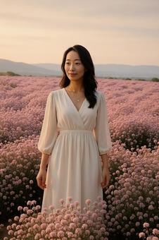 花畑に立つ白いワンピースの女性 花畑に立つ白いワンピースの女性の写真