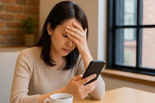 カフェでスマホを見てショックを受ける女性 カフェでスマホを見てショックを受ける女性の写真