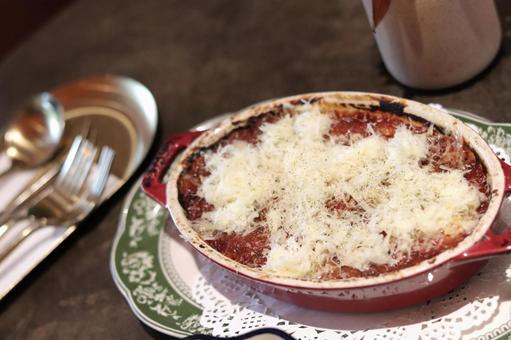 Ratatouille with cheese and fork spoon, JPG Ratatouille with cheese and fork spoon, JPG