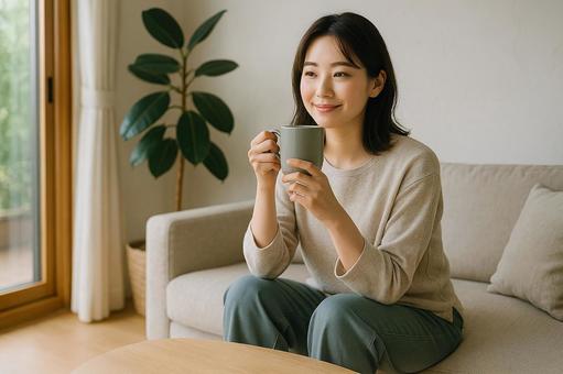 女性がコーヒーを飲んでくつろいでいる。 女性がコーヒーを飲んでくつろいでいる。の写真