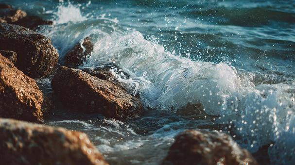 岩に打ち寄せる波と白い水しぶき 岩に打ち寄せる波と白い水しぶきの写真