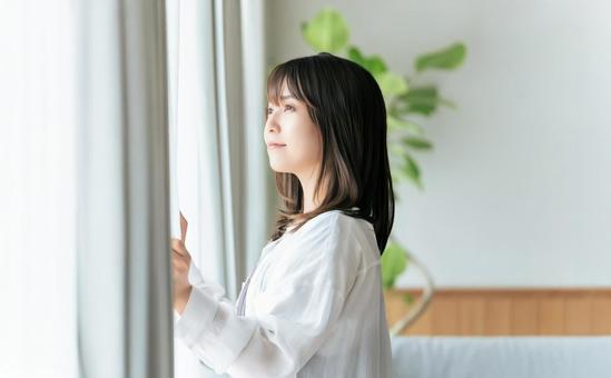 Photo, female, morning, curtain, 
