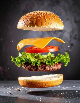 躍動感あふれるハンバーガーの具材 躍動感あふれるハンバーガーの具材の写真