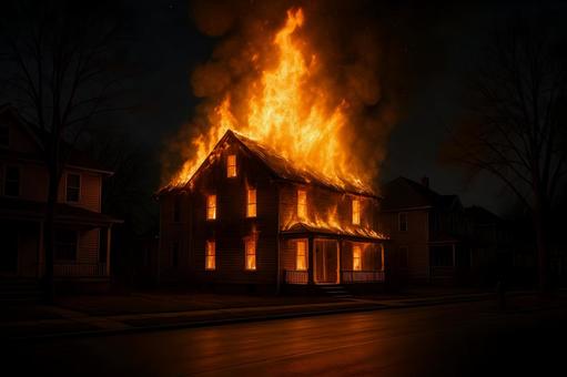 夜間の家屋炎上 夜間の家屋炎上の写真