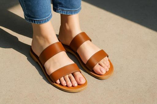 サンダル足元アップ・素足・足元コーデ サンダル足元アップ・素足・足元コーデの写真